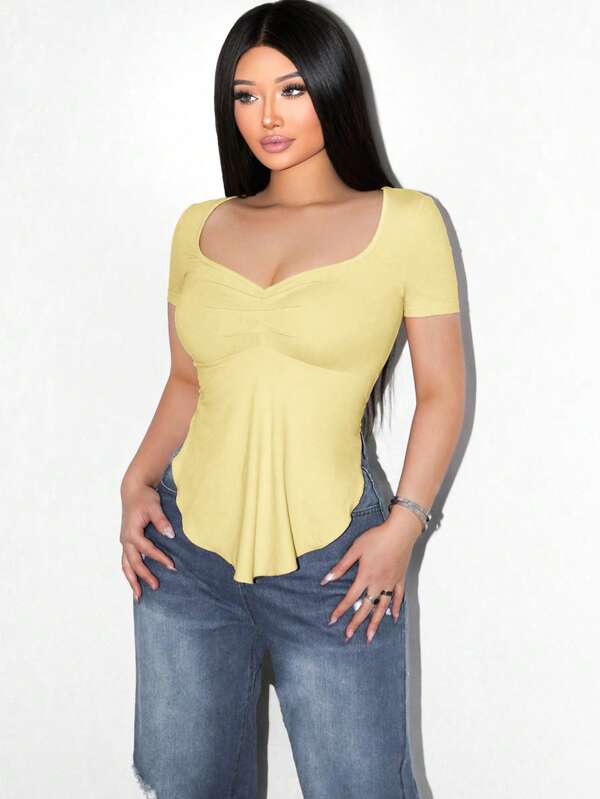 Zolique Foxxy Simple Solid Color Casual Square Neck Asymmetrical Hem Design Women Long Sleeve T-Shirt