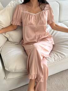 DAZY Romantic Satin & Lace Patchwork Pleated Design Women's Pajama Set - Pink - View 3