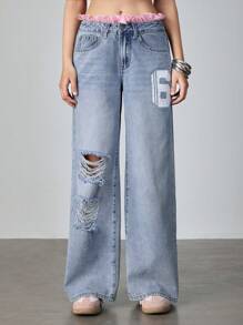 ROMWE Avant 女式 2 合 1 蕾丝拼布数字印花破洞阔腿牛仔裤女式春夏装 - 淺色水洗藍 - 查看 2