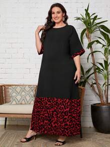 EMERY ROSE 大码休闲豹纹拼布连衣裙