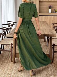 SHEIN Clasi Solid Color Lace-Up V-Neck Short-Sleeved Long Flowy Spring/Summer Jumpsuit For Women