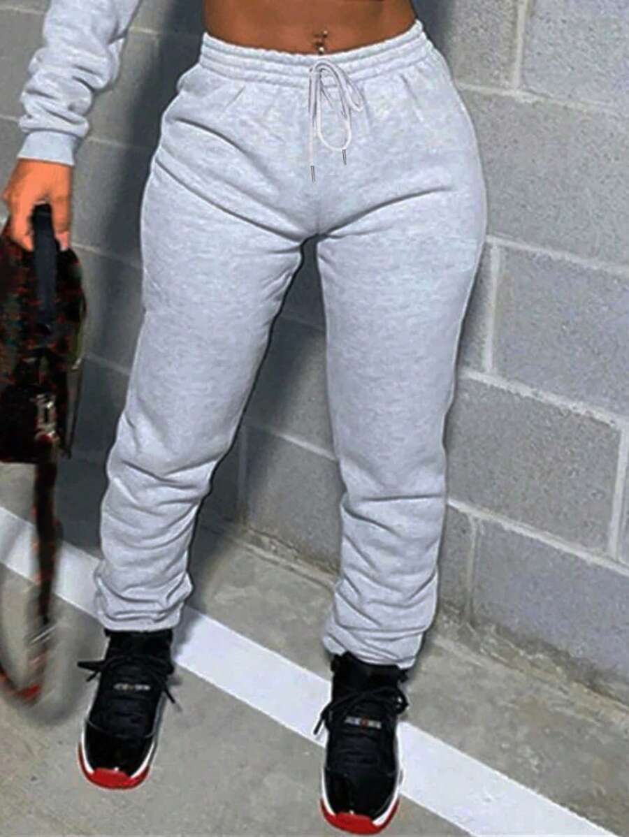 INAWLY Women Solid Color Drawstring Waist Pocket Casual Sweatpants - Light Grey - View 1