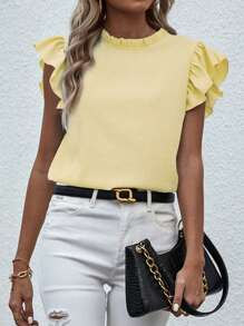 EMERY ROSE Simple Solid Color Casual Short Puffed Sleeve Shirt, Summer - Yellow - View 6