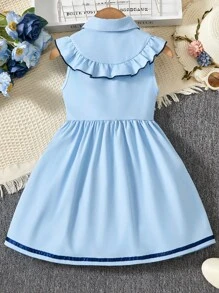 SHEIN Back To School Girls Academy Style Sleeveless Blue & White Ruffle Trim Cardigan Dress