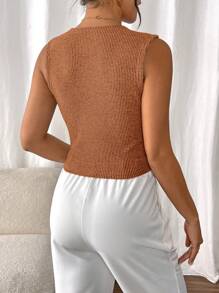 SHEIN Frenchy Women's Casual Vacation Khaki Button Front Tank Top Summer - Burnt Orange - View 2