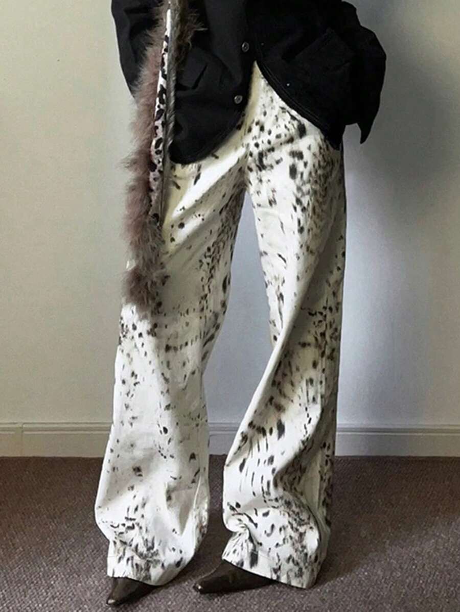 INAWLY Pantaloni casual con vita elastica e stampa, adatti per uso quotidiano, taglie comode - Bianco - Visualizzare 1