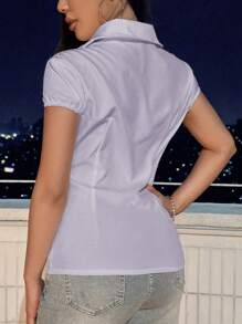 SHEIN Unity Women's Plain Color Gathered Sleeve Single-Breasted Casual Shirt - Mauve Purple - View 2