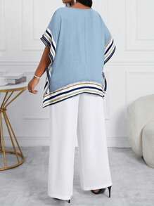 Fleurora 春夏休闲海军蓝编织圆领斗篷袖七分袖大码套装情人节新年女装