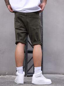 Manfinity Homme Men's Ripped Hem Casual Denim Shorts With Pockets - Army Green - View 2