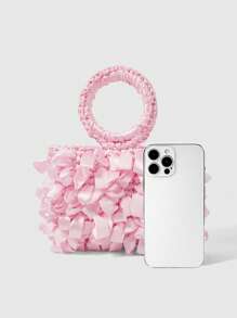ROMWE Kawaii Vacation Style Pink Braided Handle Tote Bag - Pink - View 3