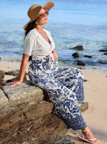 SHEIN 2pcs/Set Maternity Vacation Solid Color Short Sleeve Shirt And Floral Print Jumpsuit Casual Outfit For Summer