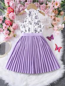 Festival Young Girl Sleeveless Butterfly Printed & Solid Color Pleated Butterfly Top Dress, Showing Her Youthful Vitality, Cute Innocence, Fashionable Personalized And Sweet Traits, Spring/Summer New Princess Dress Gift - Multicolor - View 2