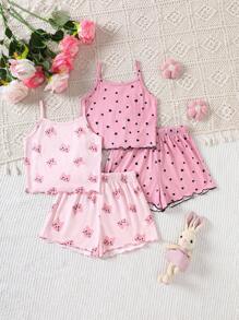 Dozemod Tween Girl Tween Girls 4 件套卡通猫和心形印花荷叶边吊带背心和短裤睡衣套装，舒适休闲阻燃 - 淺粉色 - 查看 3