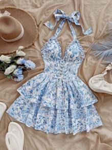 Soleia Women's Vacation A-Line Blue Floral Layered Ruffle Camisole Romantic Dress For Valentine's Day - Blue and White - View 5