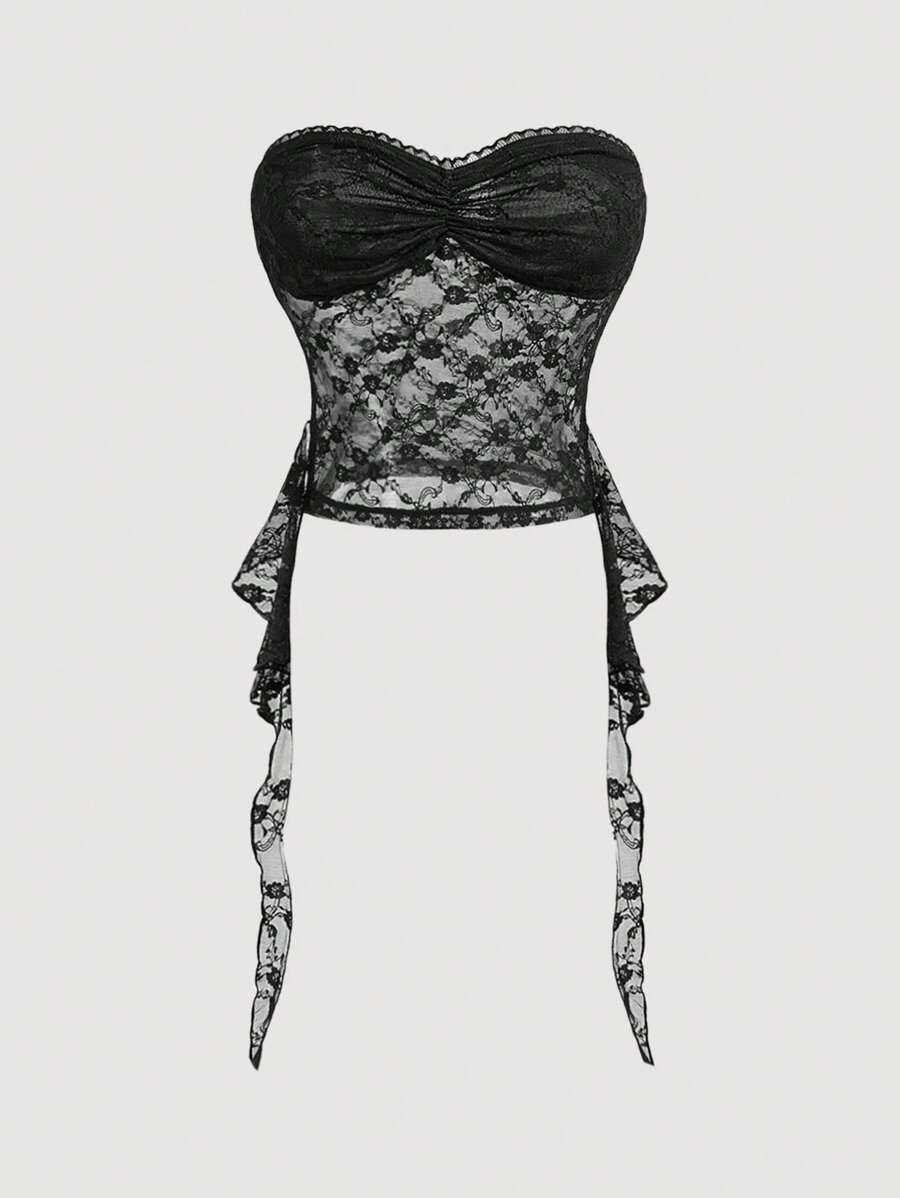 SHEIN MOD Women's Lace See-Through Ruffle Hem Sexy Bralet Top,Western Women,Easter Women,Beach Top,Rave - Black - View 1