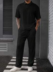 Manfinity Homme 针织纹理男士杏色 Polo 衫和裤子套装，男士两件套服装，舒适服装 - 黑色 - 查看 6