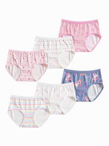 6 件套年轻女孩可爱卡通印花舒适内衣套装，时尚春夏季，适合幼儿/小女孩 - 彩色 - 查看 6