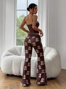 SHEIN EZwear Bear Print Camisole Top And Flared Pants Set,Summer Sets - Brown - View 2