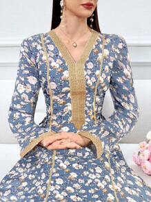 Al Najma Women's Floral Print Patchwork Belt Long Sleeve Elegant Arabic Style Dress,Modest