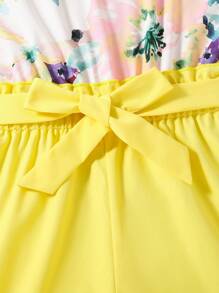 SHEIN Tween Girls' Vacation Floral Print Ruffle Hem Casual Romper - Yellow - View 3
