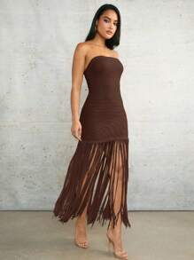 Silquee Island Girl 钩针长裙罩衫杏色亚麻露肩春夏度假海滩超长流苏迷你钩针连衣裙 - 咖啡棕 - 查看 7