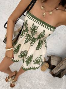 SHEIN VCAY 女式花卉印花抽绳腰带连体裤 - 綠色 - 查看 5