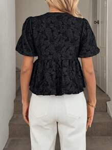 SHEIN LUNE Front Tie Bow Contrast Color Block Puff Sleeve Lantern Sleeve Ruffle Hem Textured Fabric Casual Vacation Elegant Blouse For Women Cute Summer Tops Western Clothes For Women Summer Outfits For Women