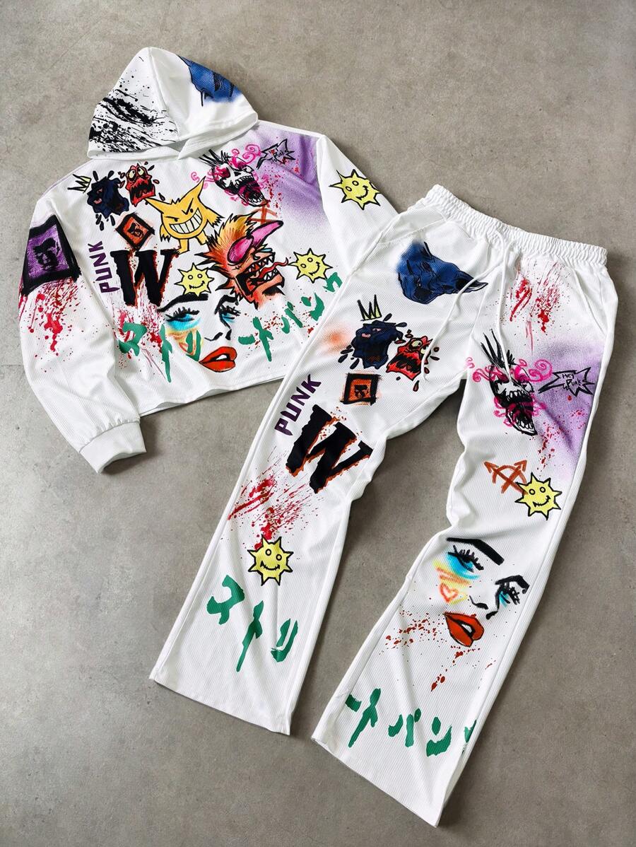 Manfinity EMRG Men Street Graffiti Punk Style Hooded Sweatshirt And Sweatpants Set