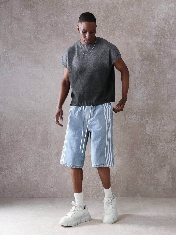 Casual Loose Fit Drawstring Denim Shorts Elastic Waist