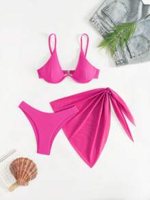 Swim Vcay 3pcs/Set Solid Color Bikini Set With Underwire Top, Suits For Beach Vacation For Summer - Coral Pink - View 1