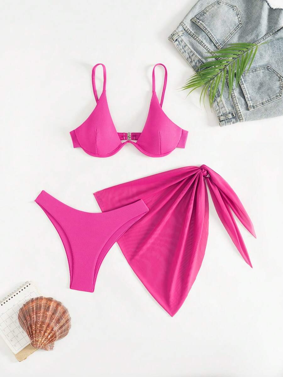 Swim Vcay 3pcs/Set Solid Color Bikini Set With Underwire Top, Suits For Beach Vacation For Summer - Coral Pink - View 1