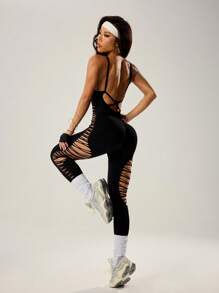 Slayoga Solid Color Hollow-Out Backless Jumpsuit