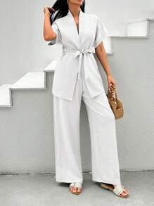 EURMUSE 2 pièces Ensemble Top à manches courtes et pantalon long de couleur unie élégant