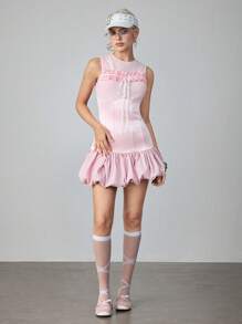 ROMWE Avant Y2K Retro Women Satin Patchwork Ruffle Hem Mini Dress, Athletic Ballet Style - Pink - View 2