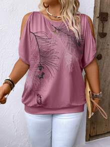 SHEIN LUNE Casual Feather Print Off Shoulder Plus Size T-Shirt Graphic Tees Women Tops - Multicolor - View 3