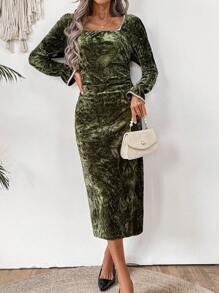 SHEIN Clasi Robe élégante mi-mollet à col carré et manches évasées en jacquard pour femmes