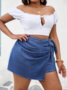 SHEIN ICON Plus Size Dark Blue Denim Shorts,Casual Summer Fitted Patchwork Shorts For Women,Hiking Vacation,Western Country,Rave Festival,Old Money Style,Rodeo - Blue - View 6
