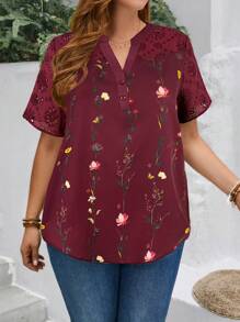 EMERY ROSE Plus Size Women'S Printed Hollow Out White Floral Shirt For Spring