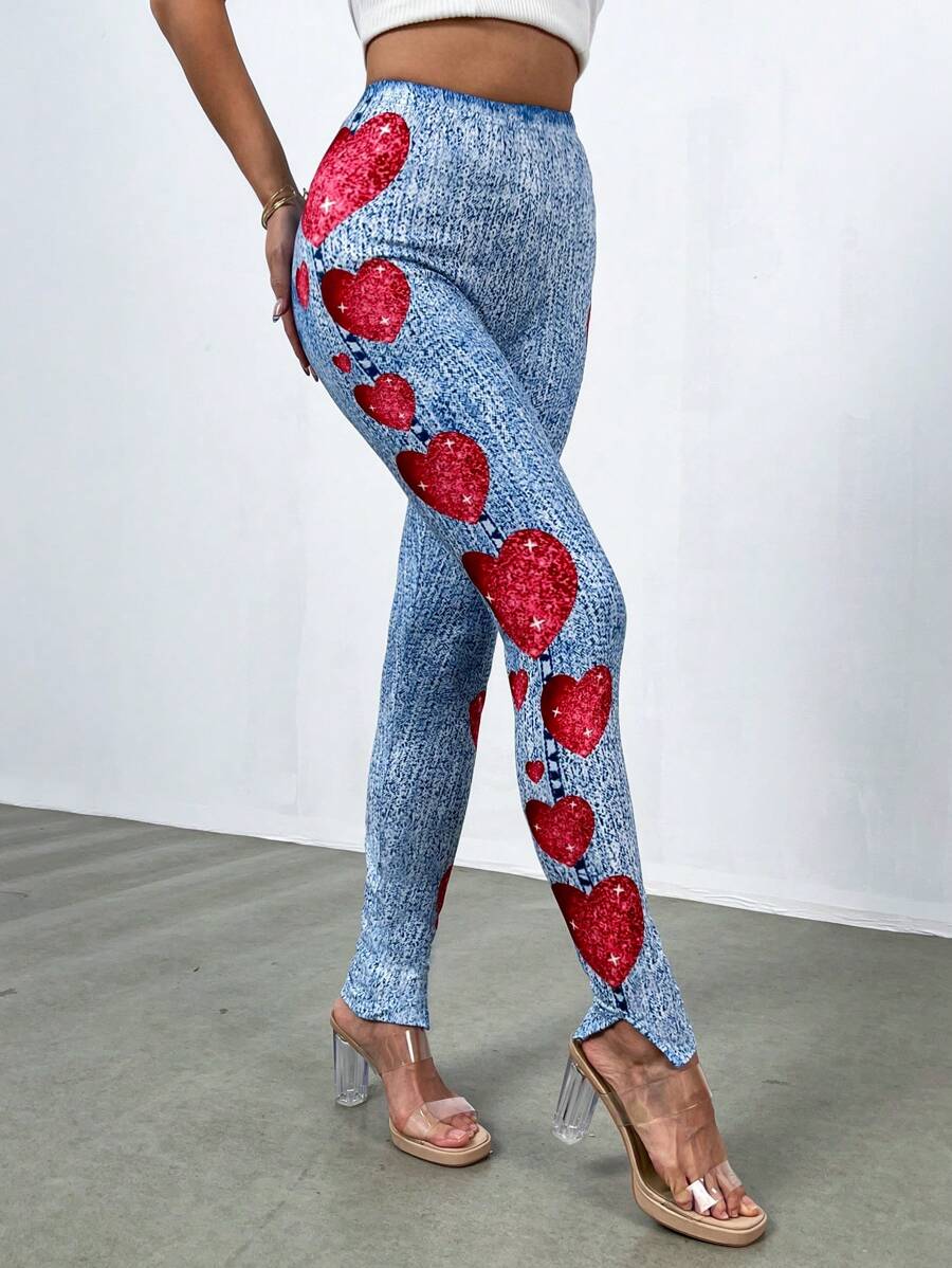 Zolique Women Heart Print Slim Fit Leggings Fall Cloth For Women - Blue - View 1