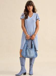 Wildy Vestido mini de mujer de línea A a rayas verdes vintage con mangas con volantes