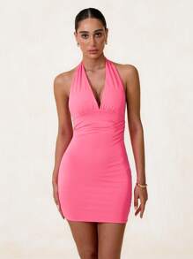 Glamine Głęboki dekolt w serek, halter, odkryte plecy, plisowana seksowna sukienka