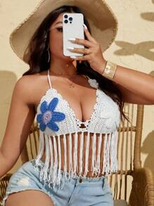 SHEIN Swim Curve Plus Size Women's Handmade Crochet Floral Tie-Up Fringed Cover Up Coverup, Casual Vacation Wear