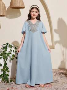 SHEIN Tween Girls' Solid Color V-Neck Short Sleeve Dress With Woven Tape - Baby Blue - View 3