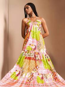 Slaydiva New Spring And Summer Holiday Halter Neck Strap Multi-Layer Splicing A-Hem Loose Rhinestone Retro Pattern Bird All-Over Printed Women's Long Dress-A