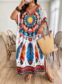 Breezaya 大码女式 V 领花卉印花休闲连衣裙，夏季度假波西米亚风格服装，圣帕特里克节、音乐节、春假