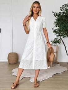 EMERY ROSE Women V-Neck White Lace Long Sleeve Dress - White - View 6