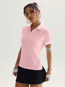 SHEIN Sport Studio Camisa polo deportiva de manga corta con ribete a rayas para mujer, casual de verano