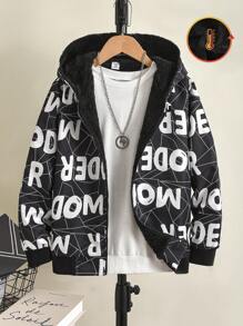SHEIN Veste à capuche rembourrée thermique pour garçon préadolescent, imprimée de lettres, noir et blanc, vêtement d'extérieur polyvalent pour l'automne/hiver - Noir - Voir 1