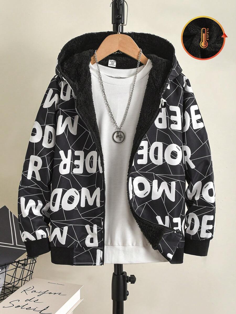 SHEIN Veste à capuche rembourrée thermique pour garçon préadolescent, imprimée de lettres, noir et blanc, vêtement d'extérieur polyvalent pour l'automne/hiver - Noir - Voir 1