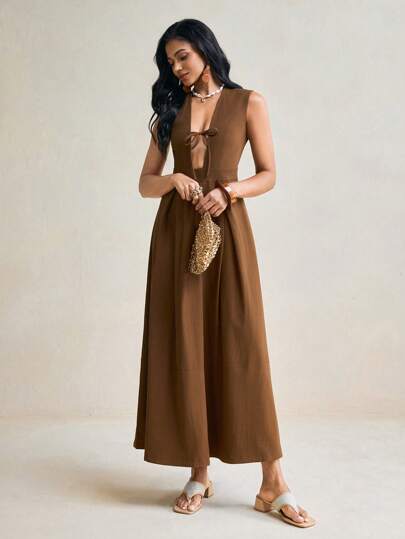 Harshal Khanderia Brown Solid Deep V Neck Pleated Braided Long A-Line Elegant Sleeveless Lace-Up Dress Women Summer Dress Elegant Holiday Dress